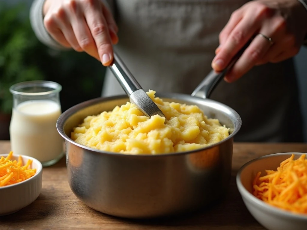 Potatoes being gently mashed before adding warm dairy and cheddar