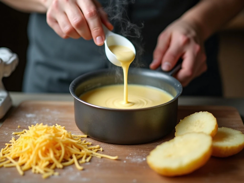 Warm butter and milk prepared for creamy mashed potatoes