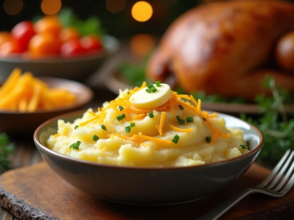 Cheddar mashed potatoes served at a festive holiday dinner