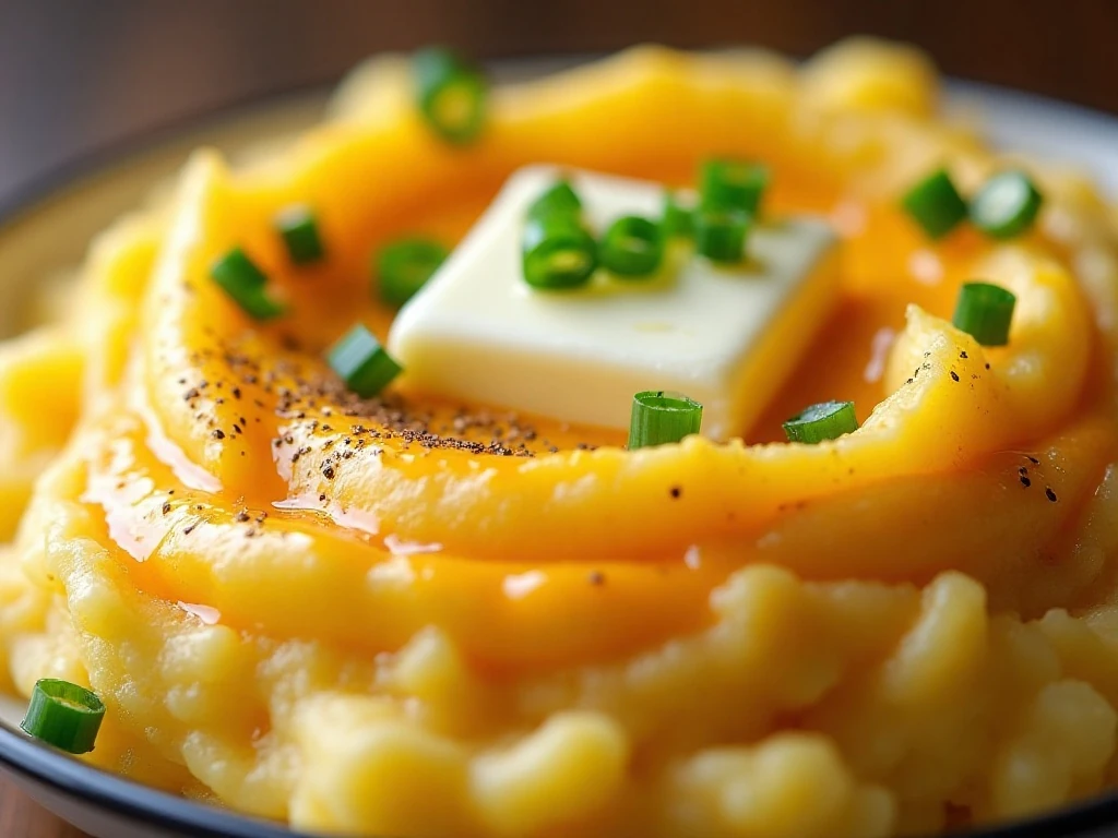 Close-up of cheddar mashed potatoes with chives, butter, and green onions