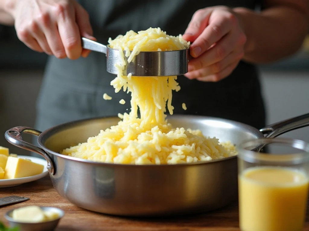 Hot potatoes being pressed through a ricer for pommes purée