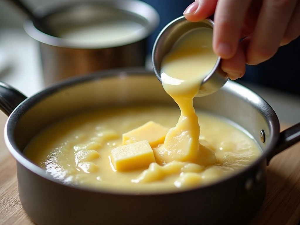 Butter being gradually incorporated into French mashed potatoes