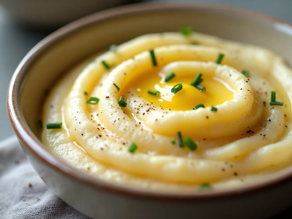Close-up of glossy French mashed potatoes with a delicate garnish