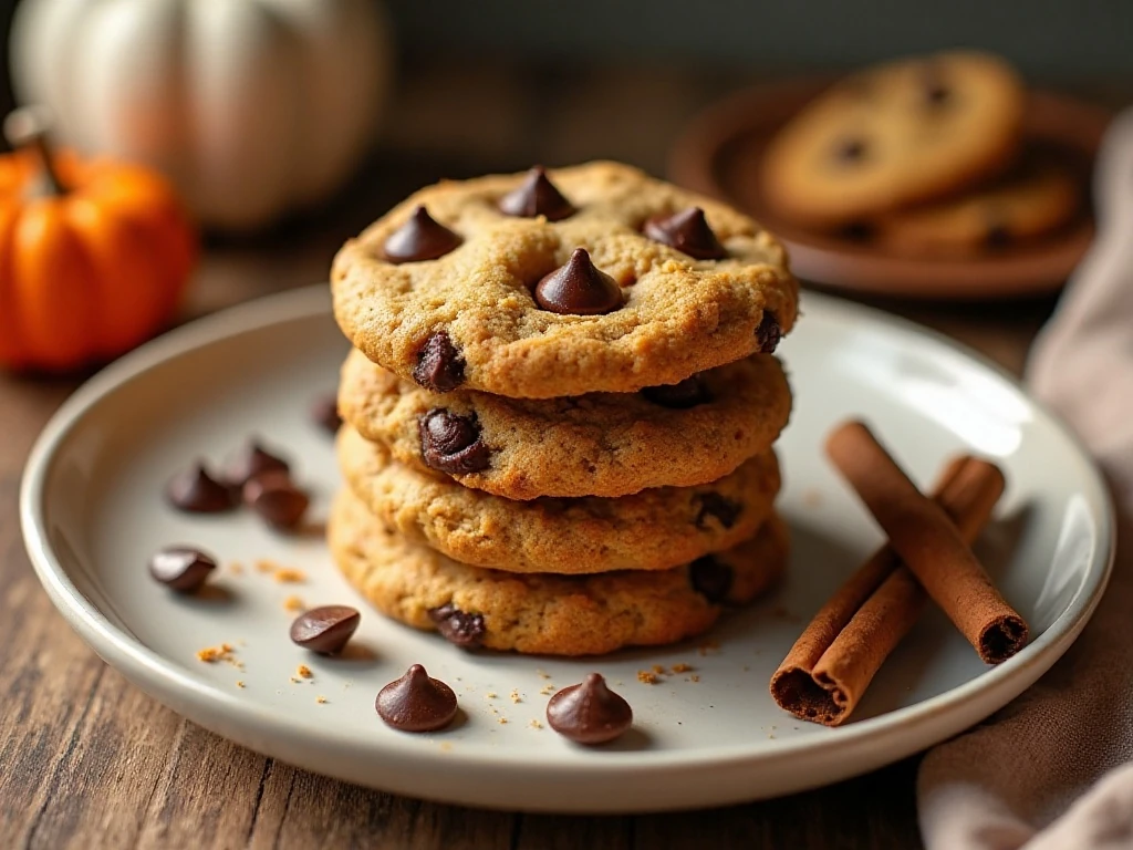 Stack of soft and chewy pumpkin chocolate chip cookies
