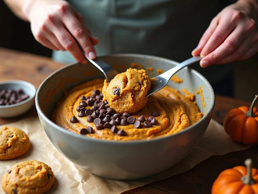 Folding chocolate chips into pumpkin cookie dough