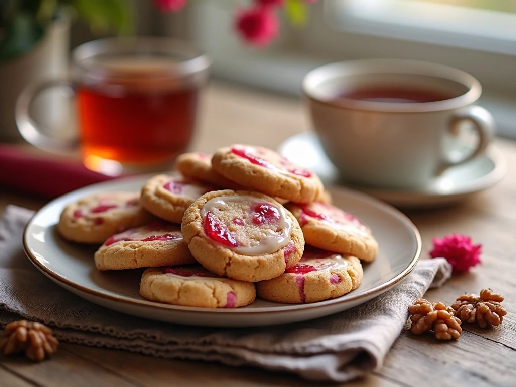 Soft rhubarb walnut cookies with vanilla glaze served beside tea