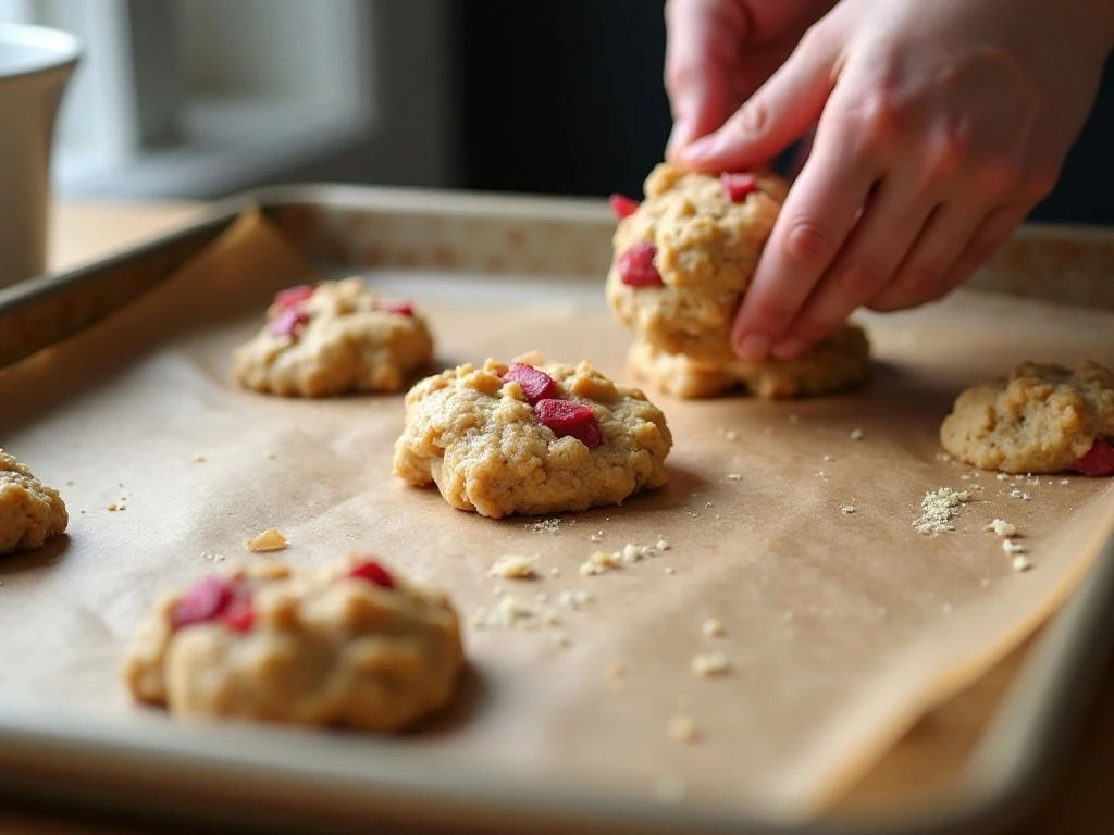 Rhubarb walnut cookie dough portioned on a baking sheet