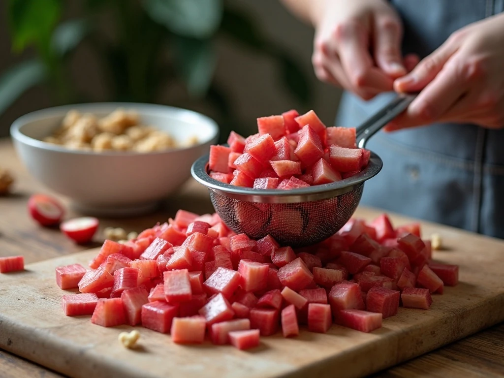 Finely chopped and drained rhubarb prepared for cookies