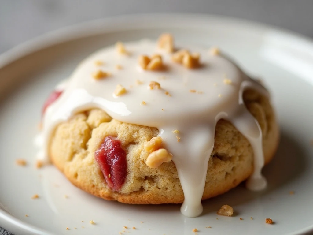 Vanilla glaze drizzled over a rhubarb walnut cookie