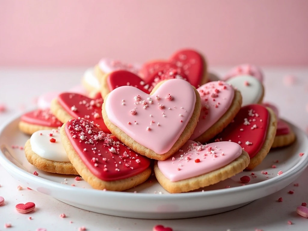 Decorated Valentine heart cookies arranged on a serving platter