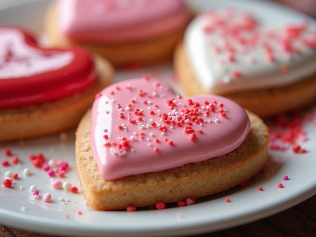 Pink and white icing with sprinkles on heart cookies