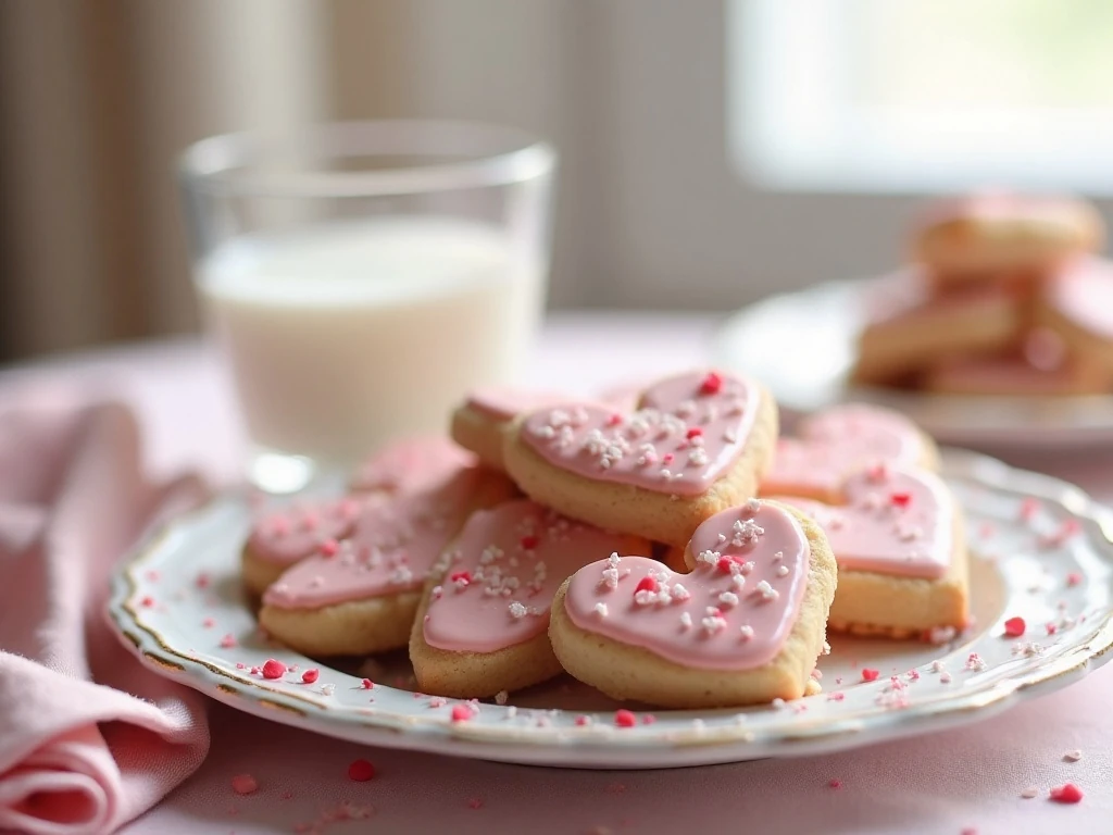 Valentine heart cookies served with milk