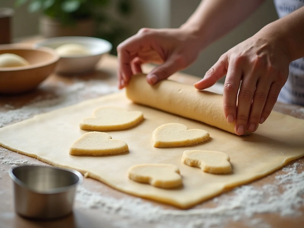 Rolling Valentine cookie dough between parchment paper before cutting heart shapes