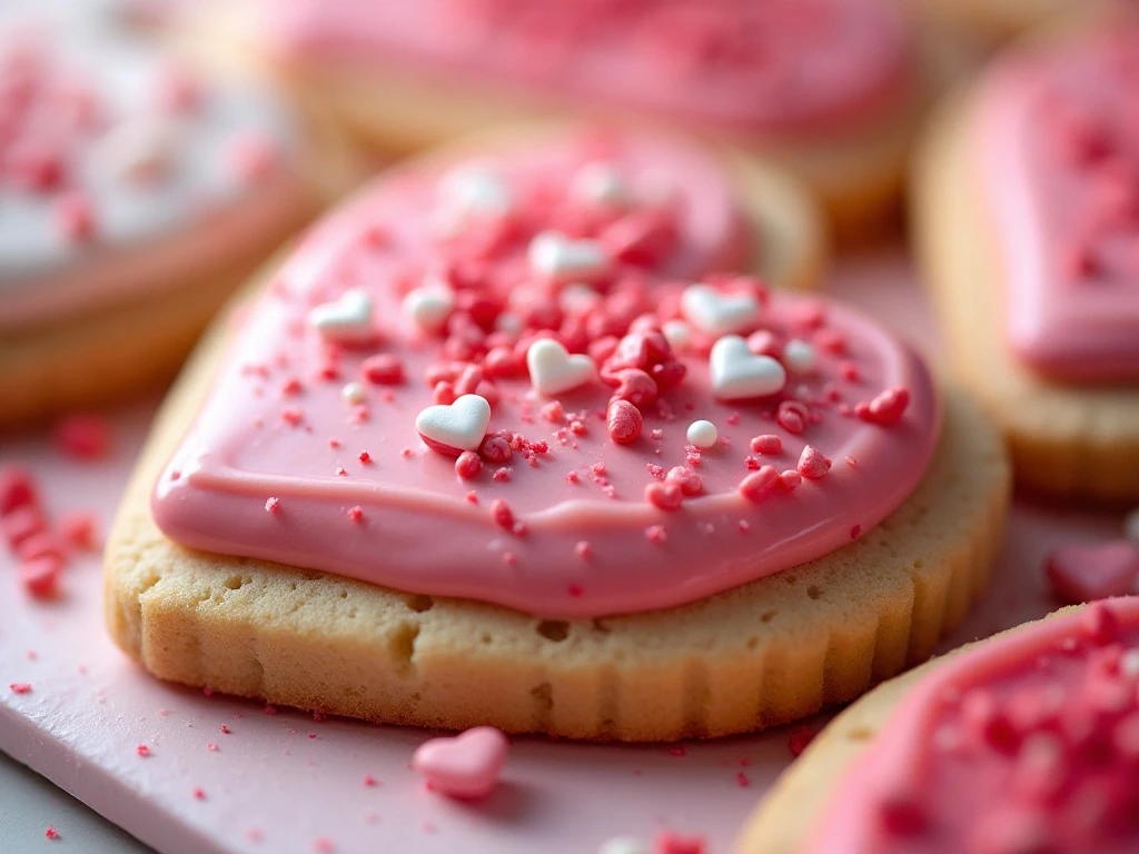 Pink and red icing and sprinkles decorating heart-shaped Valentine cookies