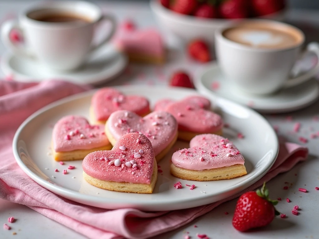 Decorated Valentine heart cookies served with coffee and hot chocolate