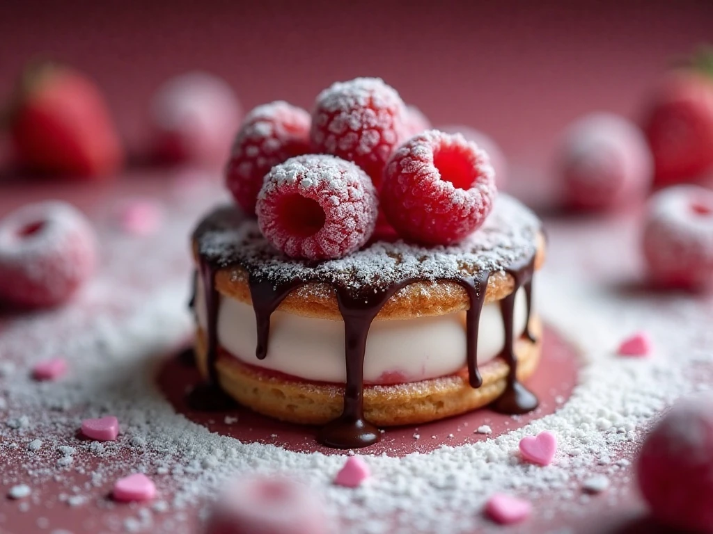 Close-up of Valentine's dessert garnishes and finishing details