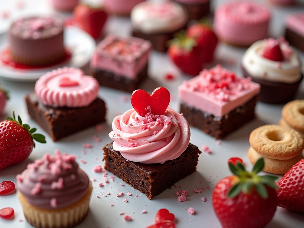 Assorted Valentine's Day desserts arranged on a festive dessert table