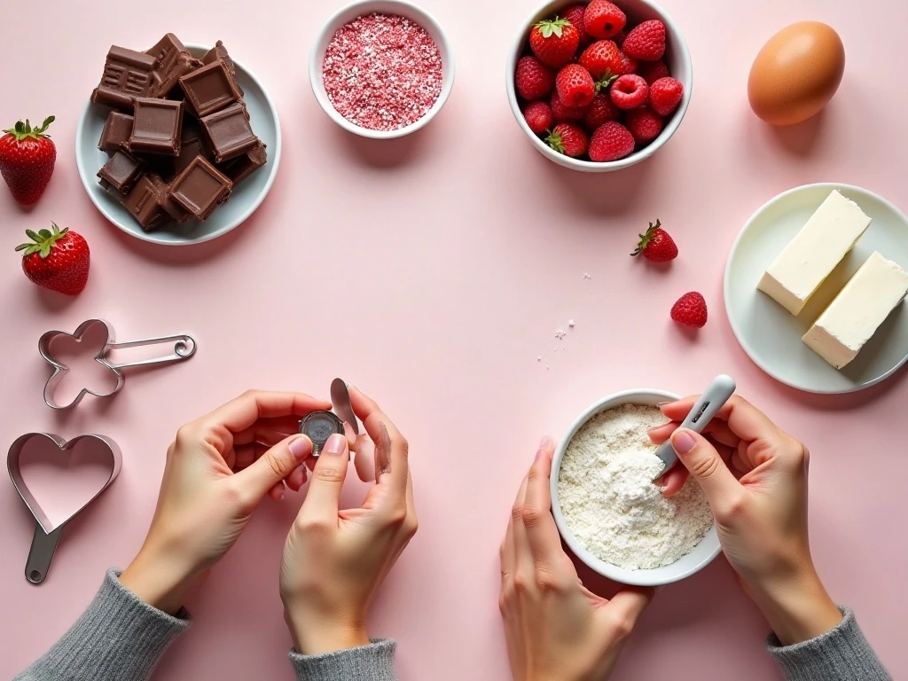 Ingredients and decorations for Valentine's Day desserts