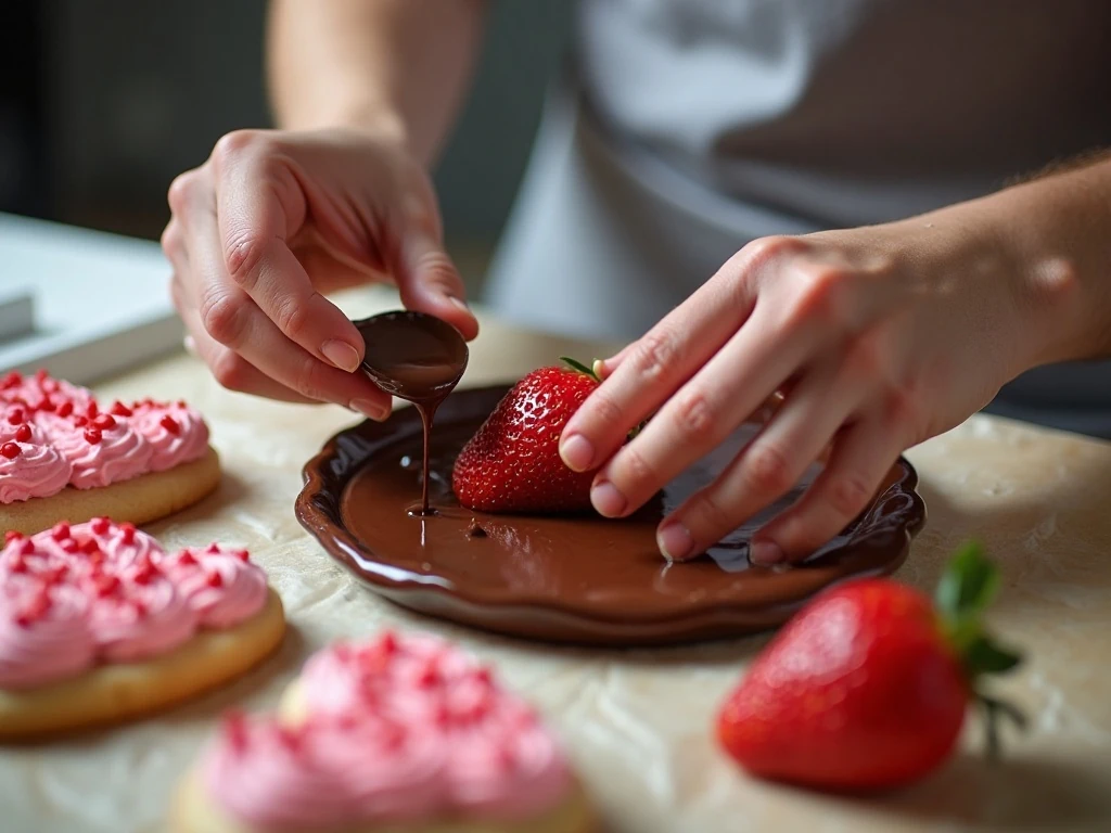 Preparing chocolate-dipped strawberries and Valentine's cookies