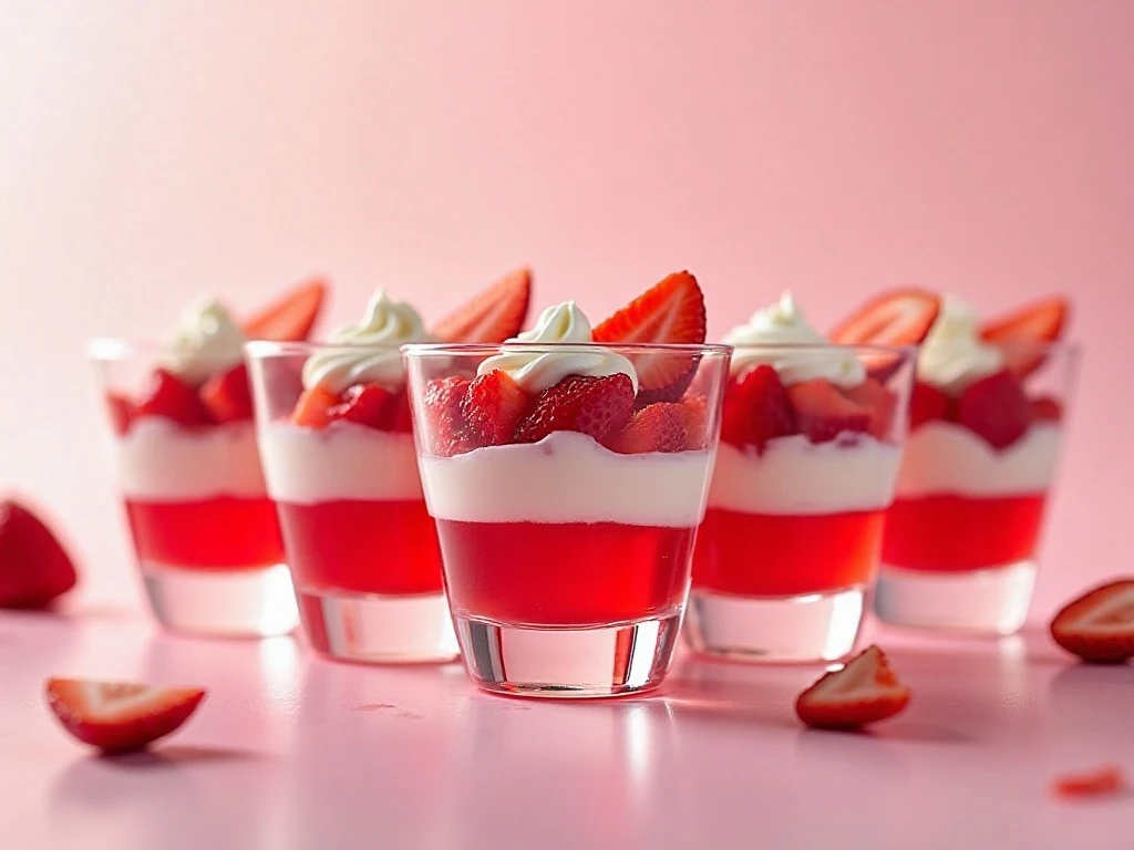 Six colorful Valentine’s Jello parfaits with strawberry gelatin and whipped topping