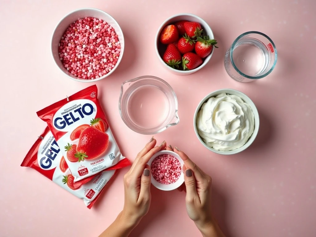 Ingredients for strawberry Valentine’s Jello parfaits