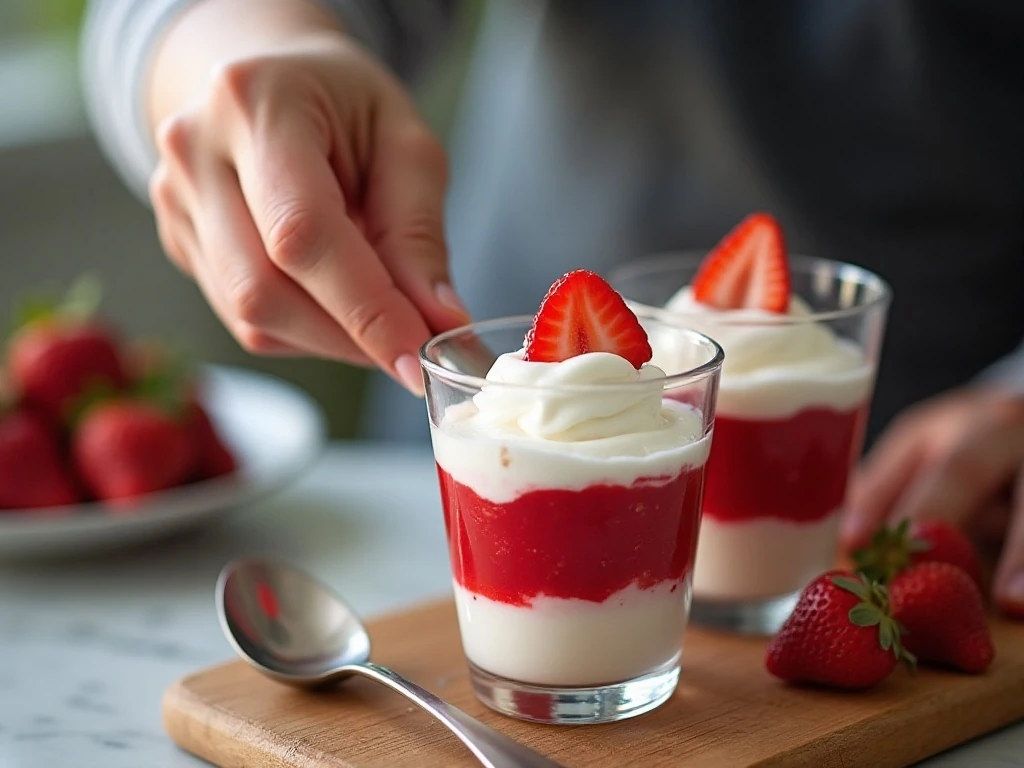 Distinct red, berry, and white layers in Jello parfait cups