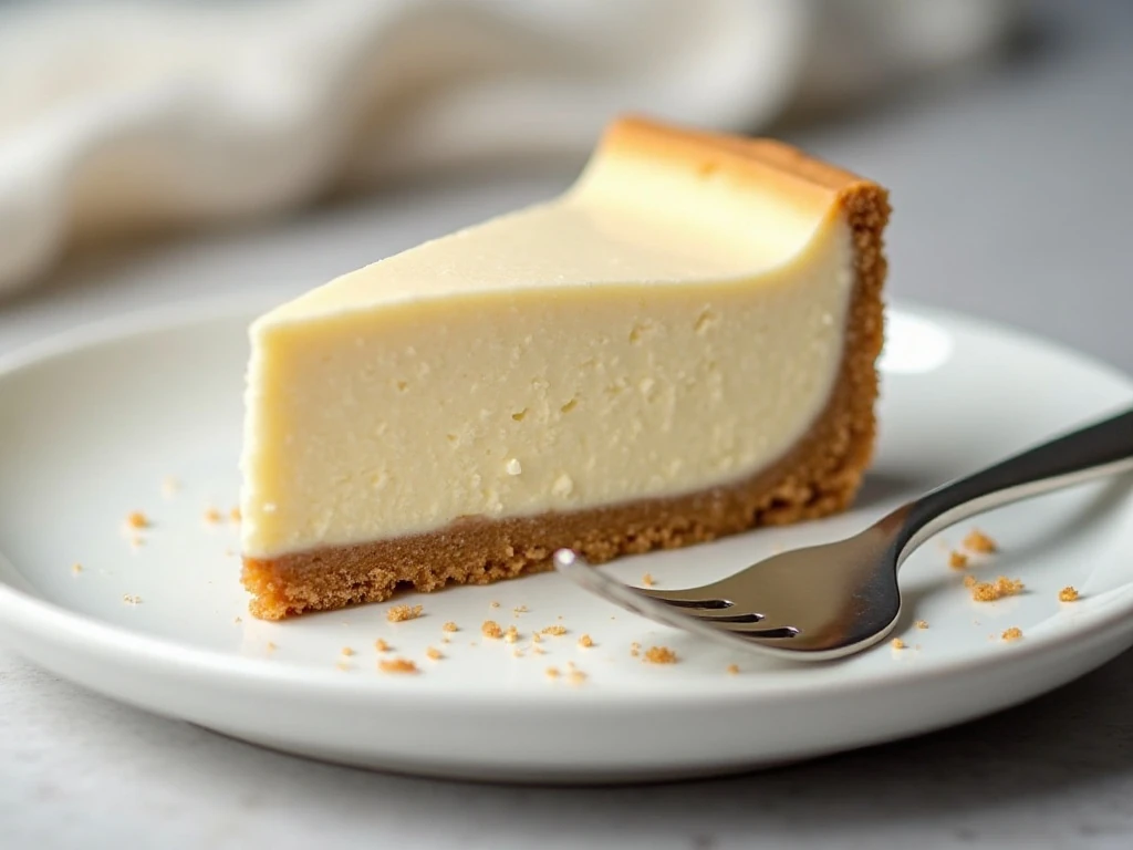 Slice of creamy vanilla bean cheesecake with graham cracker crust