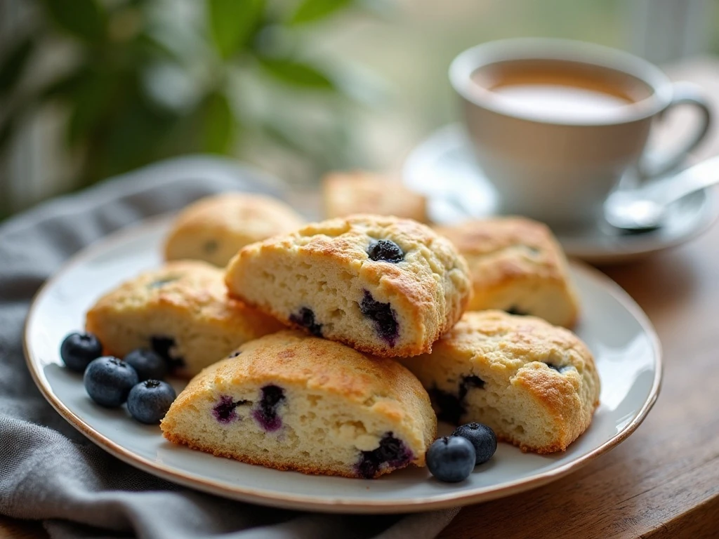 Plate of light and buttery vanilla blueberry scones