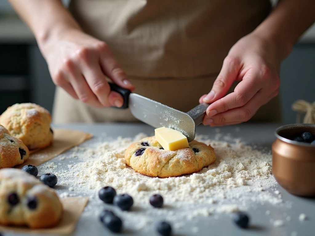 Cutting cold butter into flour for blueberry scone dough