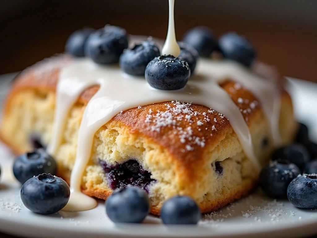 Vanilla glaze drizzled over a blueberry scone
