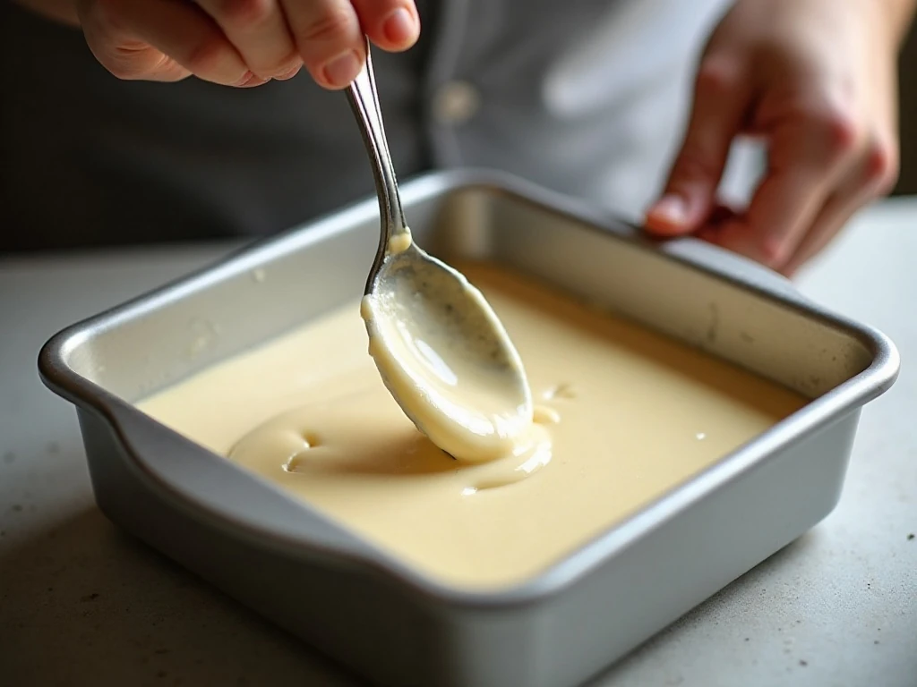 Vanilla crazy cake batter being mixed directly in the baking pan