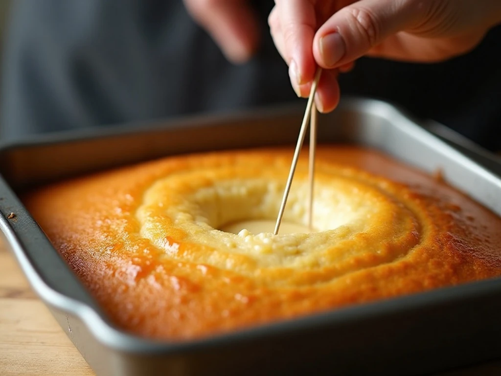 Testing vanilla crazy cake for doneness with a toothpick