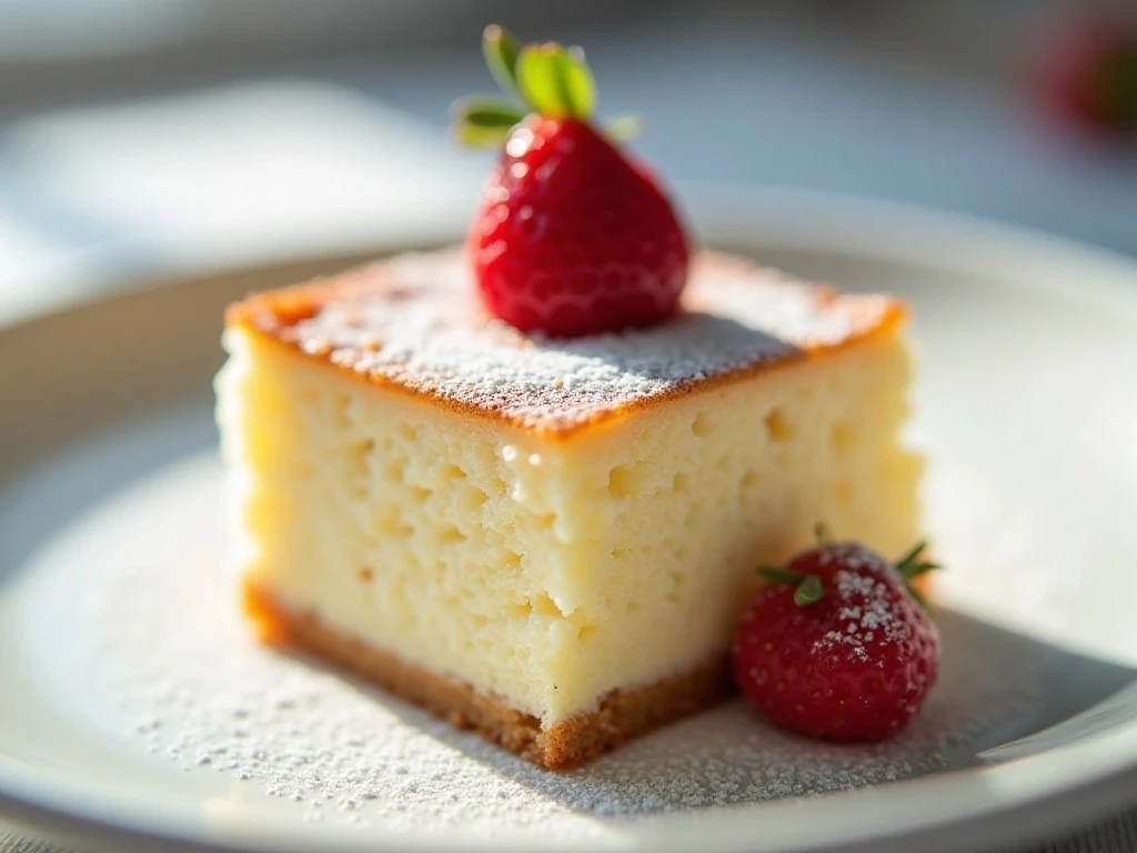 Vanilla crazy cake square with powdered sugar and fresh berries