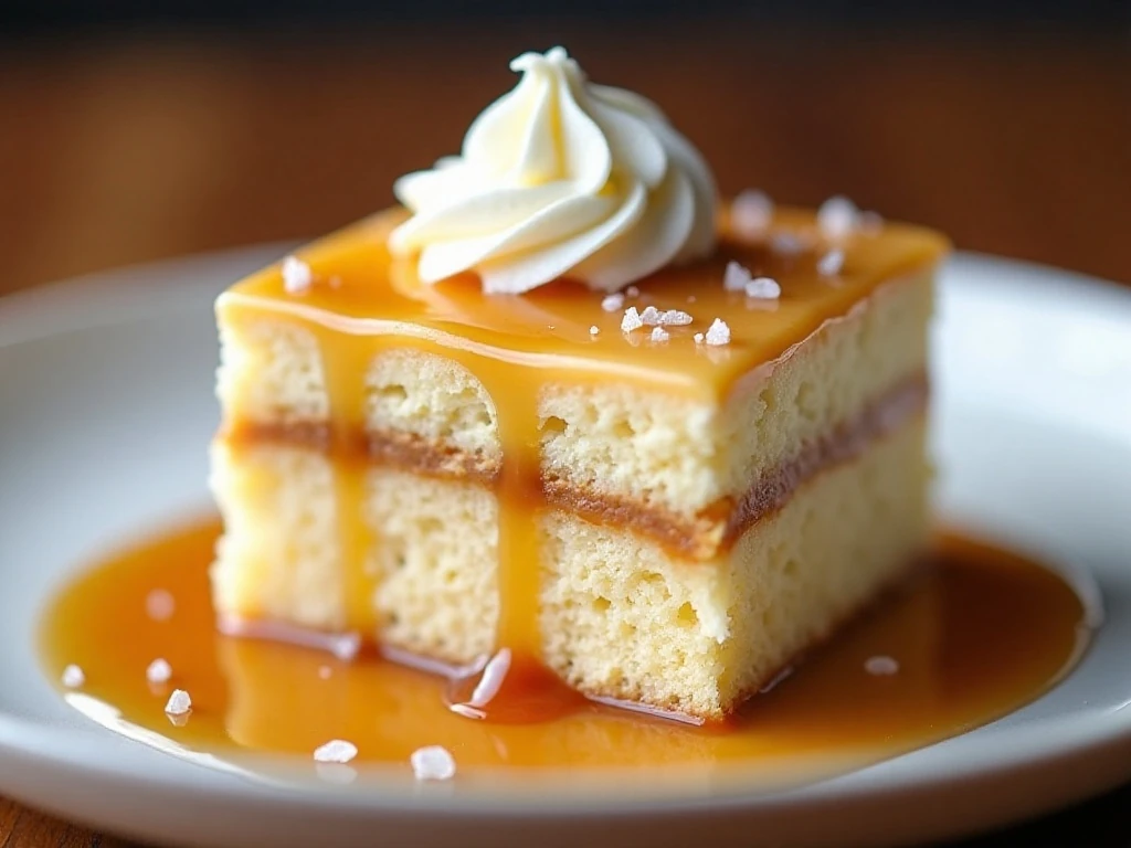 Slice of vanilla poke cake with salted caramel and buttercream