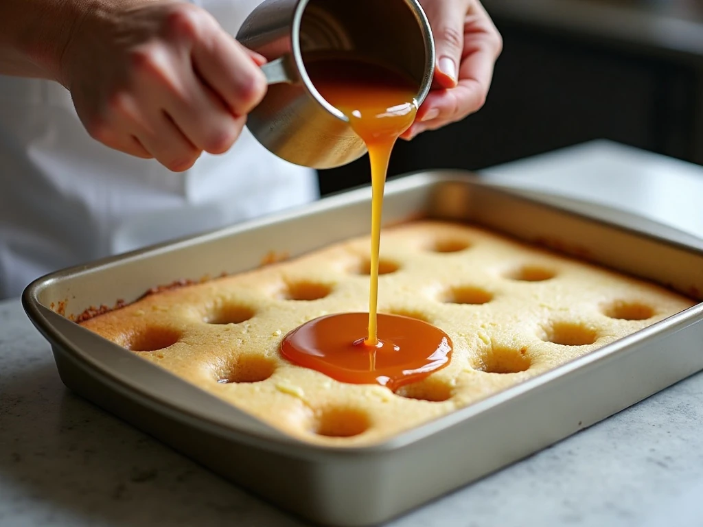 Pouring salted caramel into holes in vanilla poke cake