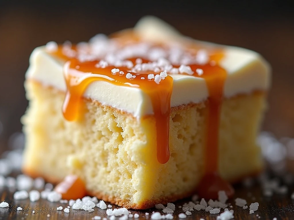Close-up of caramel drizzle and sea salt on vanilla poke cake
