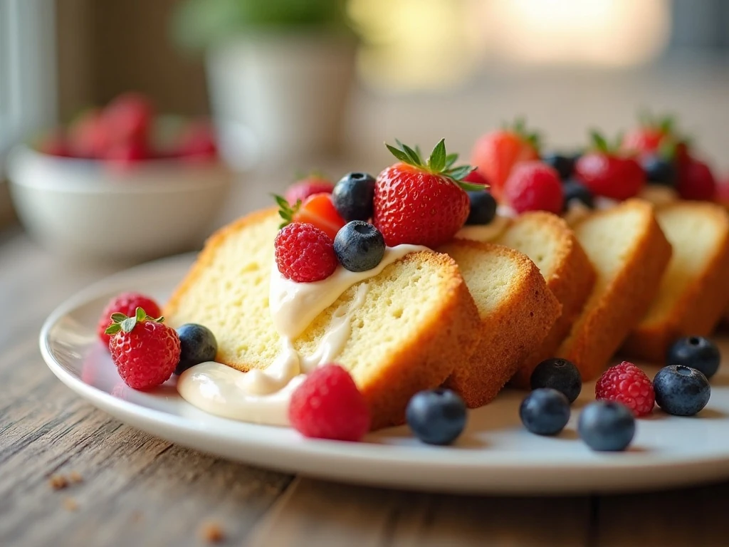 Slices of vanilla pound cake topped with fresh mixed berries
