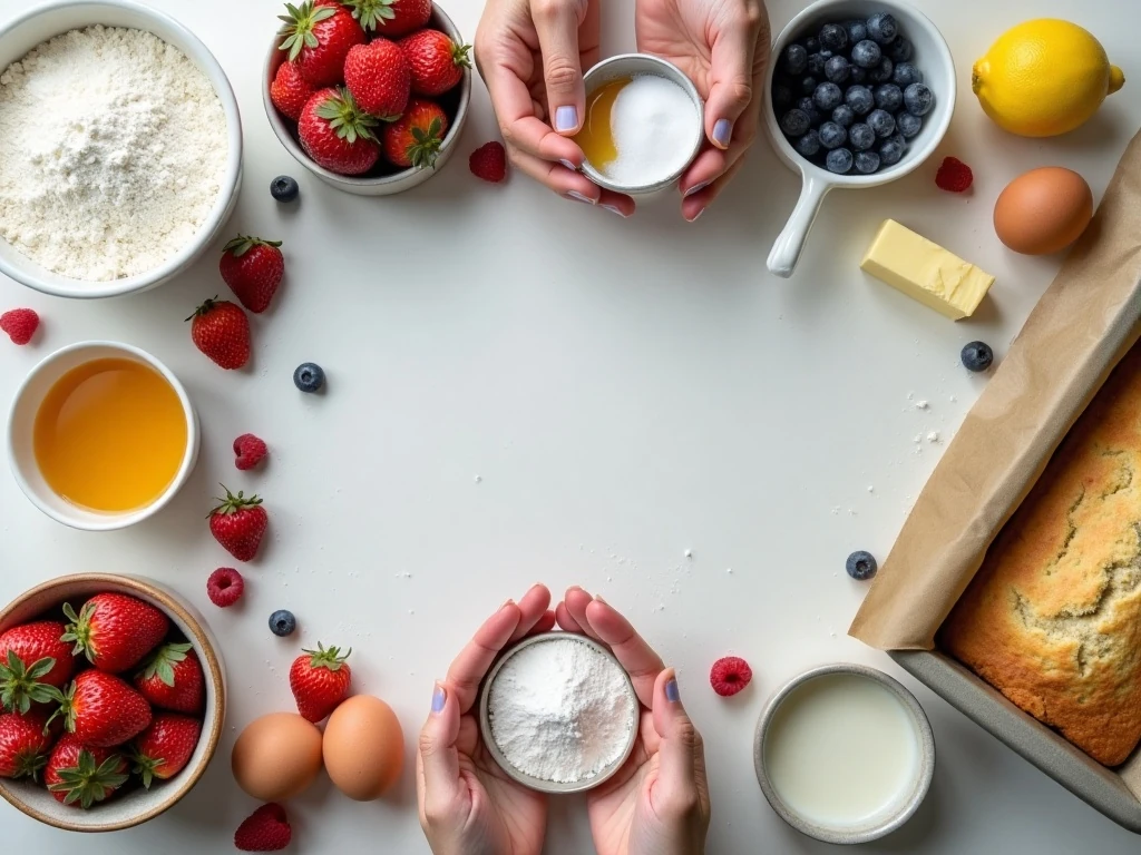 Ingredients for vanilla pound cake with berry medley