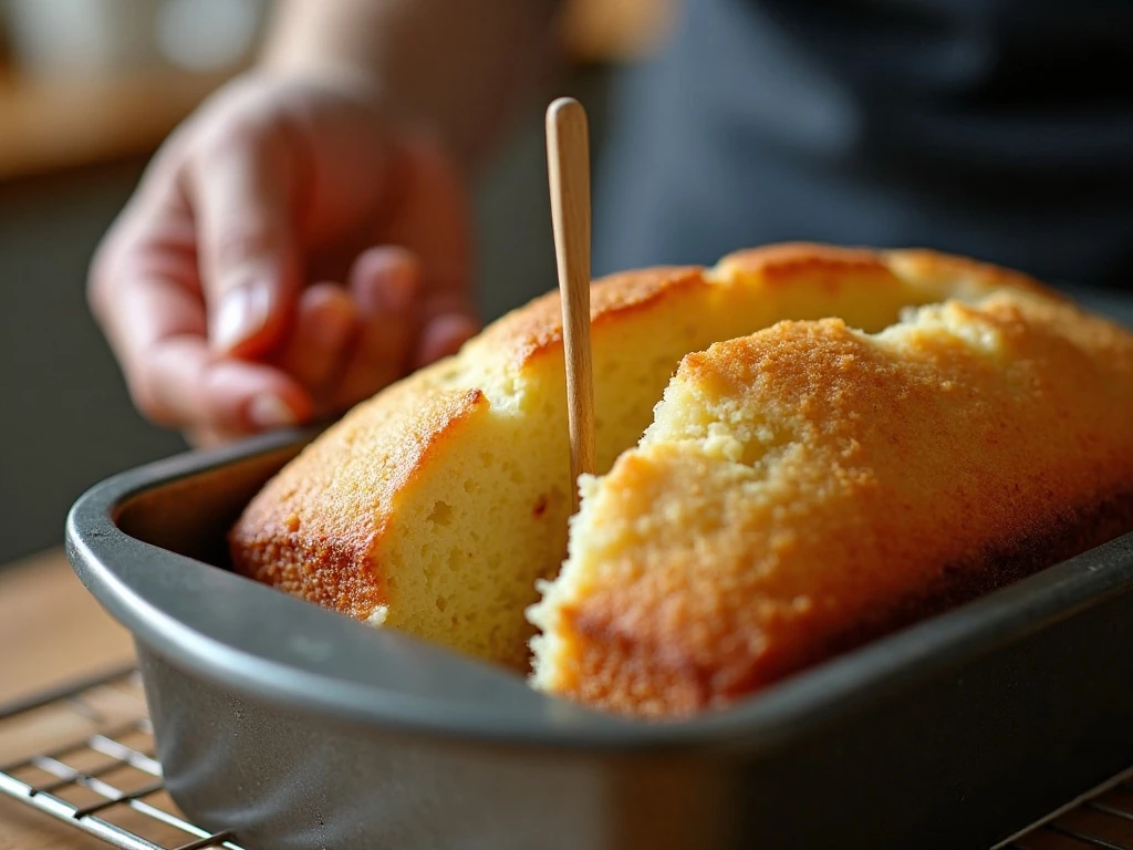 Testing vanilla pound cake for doneness with a wooden pick