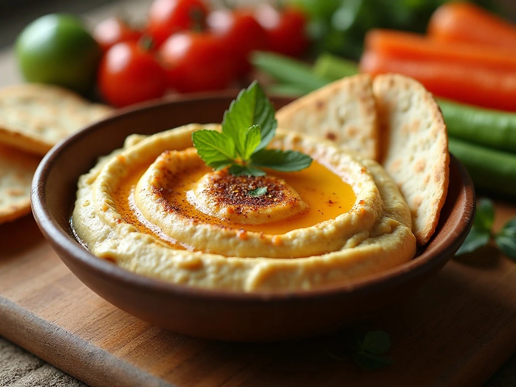 Creamy vegan hummus served with pita and fresh vegetables