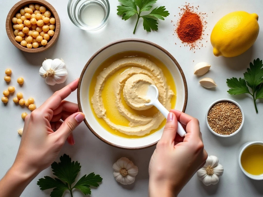 Ingredients for homemade vegan hummus arranged in a flat lay