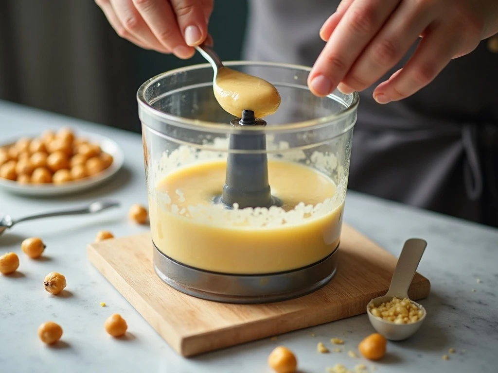 Blending tahini and lemon juice for smooth hummus