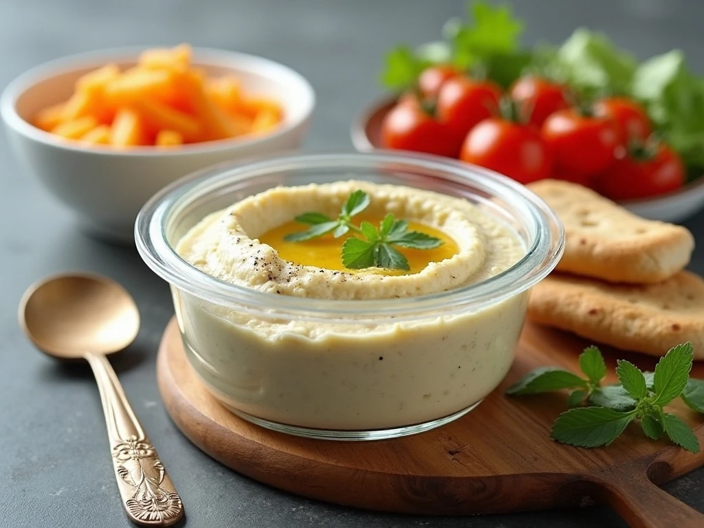 Homemade hummus prepared for storage and serving