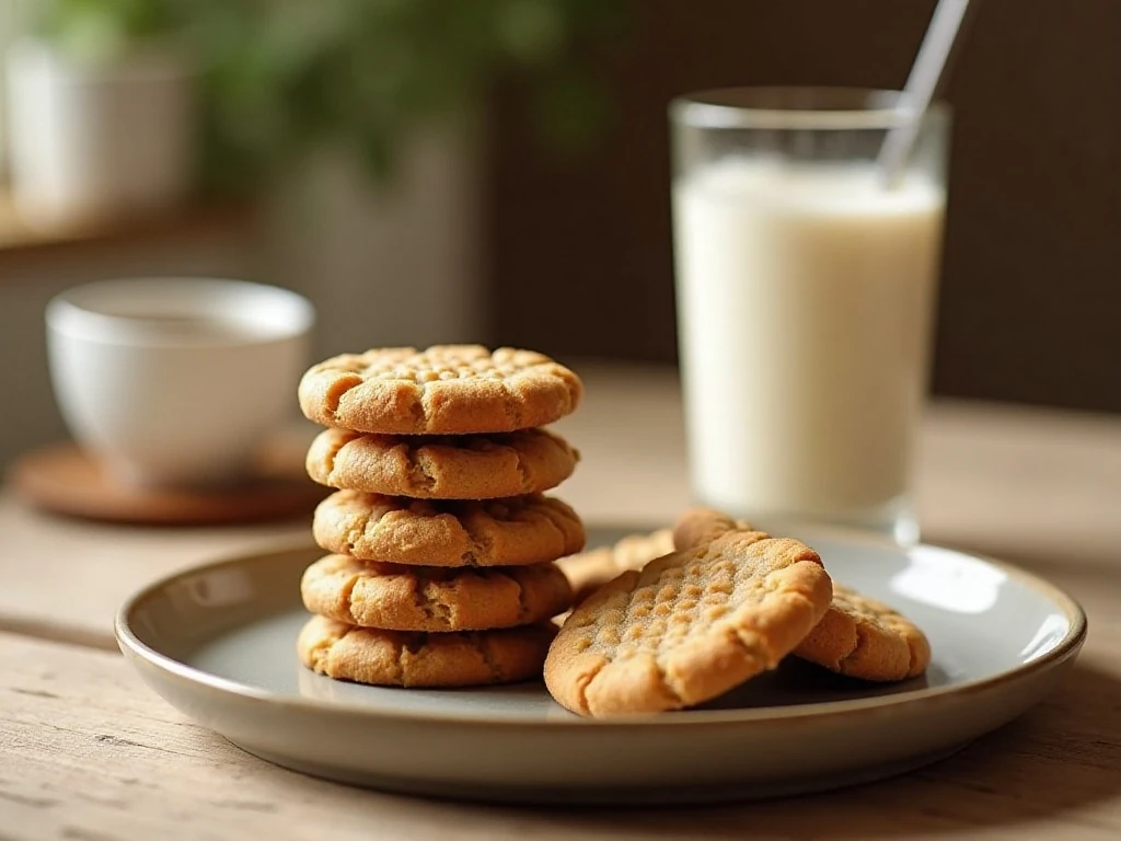 A plate of soft vegan peanut butter cookies served with coffee and nondairy milk