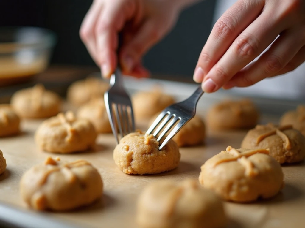 Fork pressing crisscross marks into vegan peanut butter cookie dough