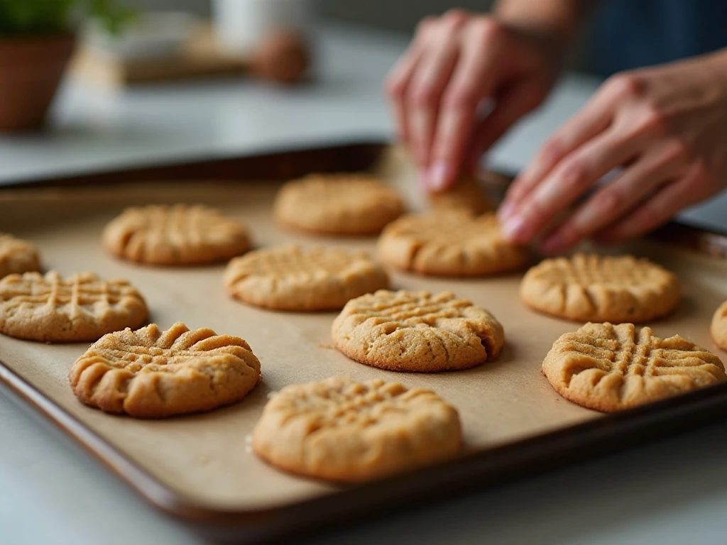 Fresh vegan peanut butter cookies cooling on a baking sheet