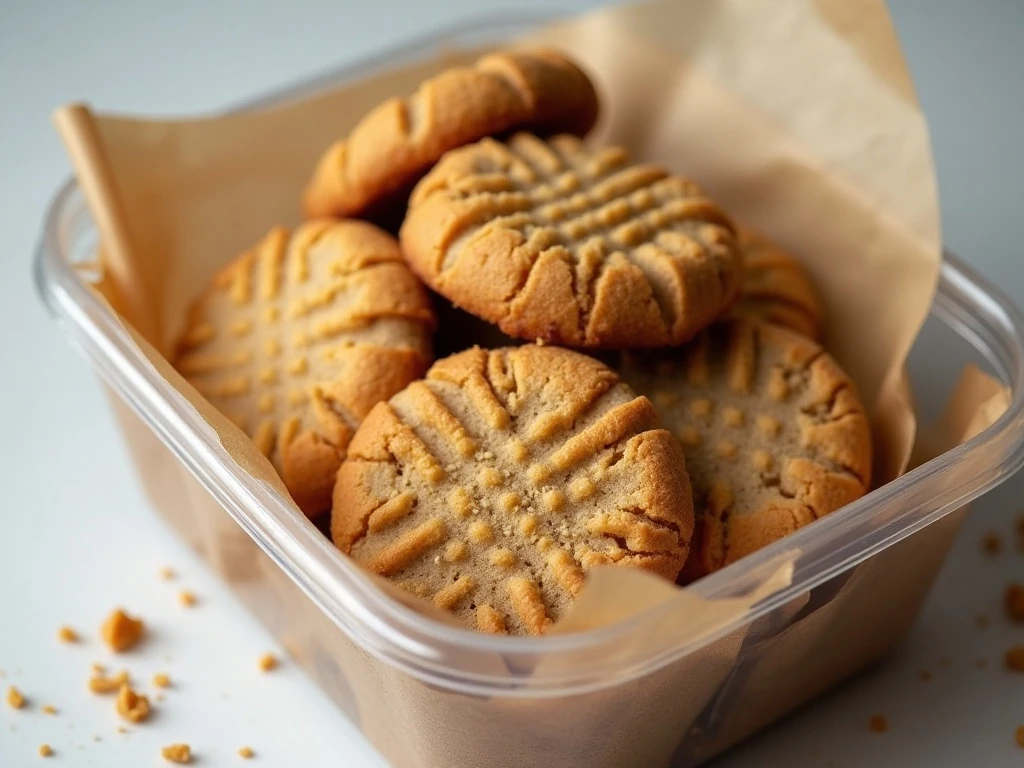 Vegan peanut butter cookies stored in an airtight container