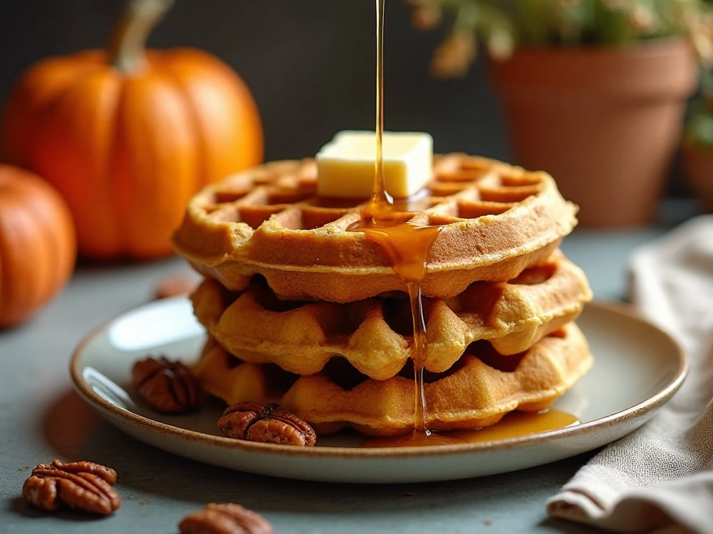 Stack of crisp vegan pumpkin waffles with maple syrup and pecans