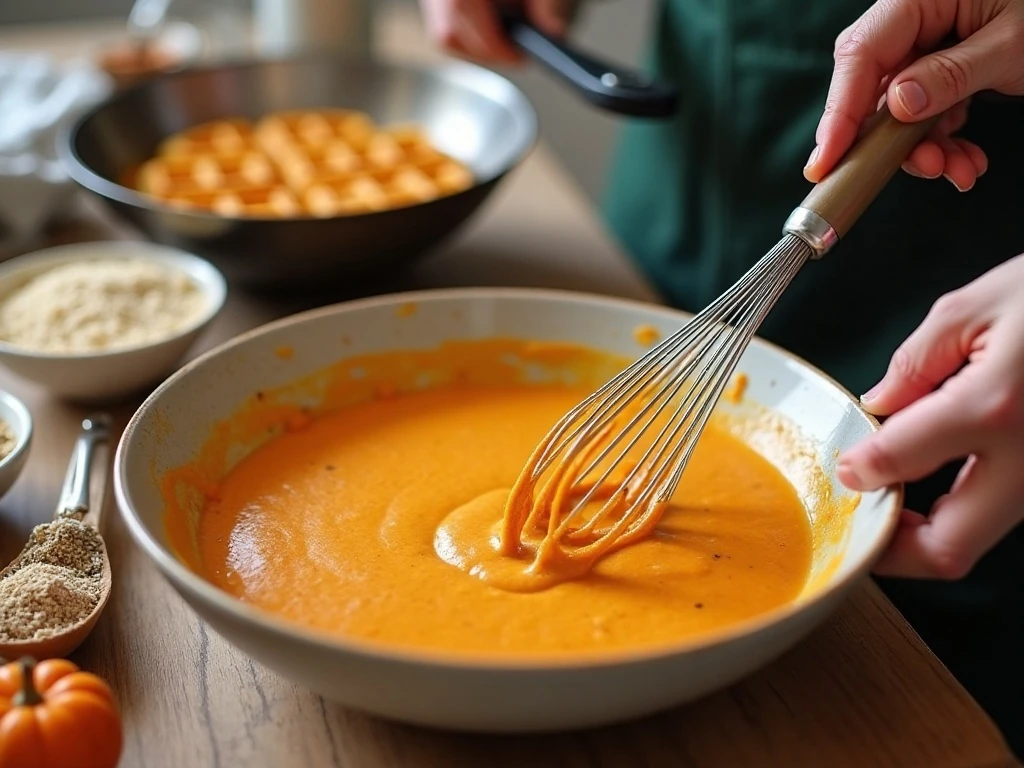 Mixing vegan pumpkin waffle batter before cooking