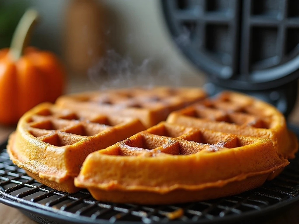 Golden pumpkin waffles cooling on a wire rack for crispness